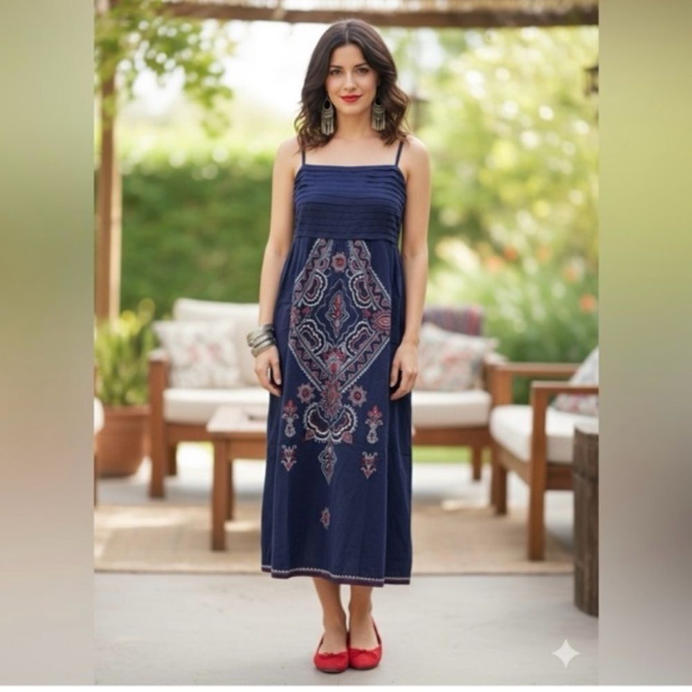 Chaudry Raga  Embroidered Boho Midi Dress Pleated 100% Cotton Navy New